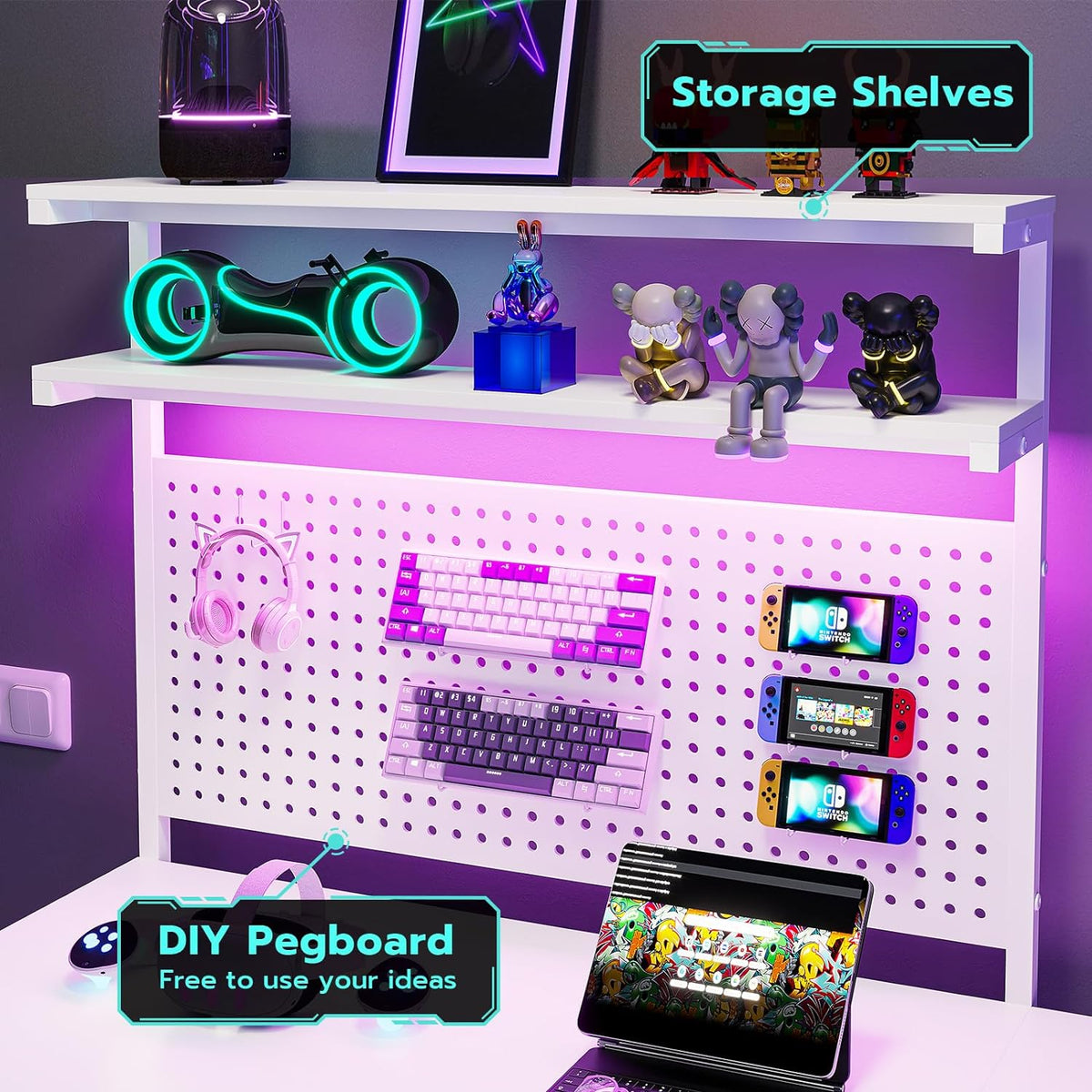 SEDETA White L Shaped Gaming Desk with LED Lights and Drawers, Gaming Desk with Hutch & Pegboard, Computer Desk with Monitor Stand, Storage Shelves, Home Office Desk Corner Desk, Gaming Table