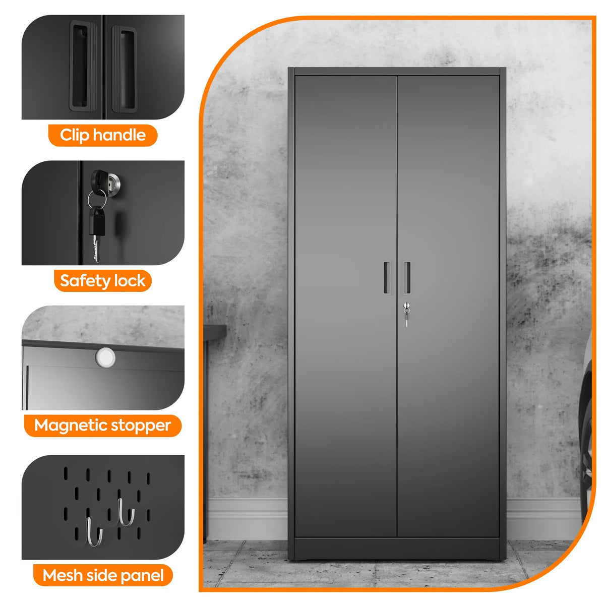 Aobabo 71.41''H Metal Garage Storage Cabinet with Lockable Doors and Hanging Rod,Broom Closet Storage Cabinet with Pegboard and Adjustable Shelves for Home Office School,Required Assembly,Black