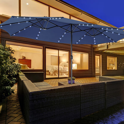Costway 15FT Twin Patio Double-Sided Umbrella 48 Solar LED Lights Crank Outdoor Beige