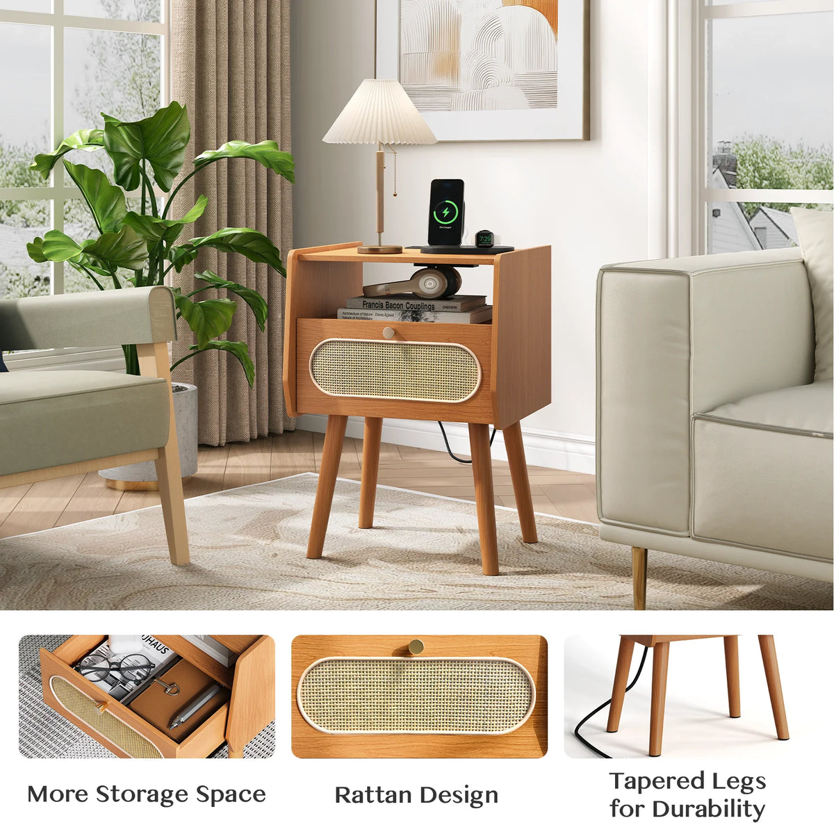 JOINICE Nightstands for Bedroom with Charging Station, Mid Century Modern End Tables Set of 2 for Living Room, Dining Room