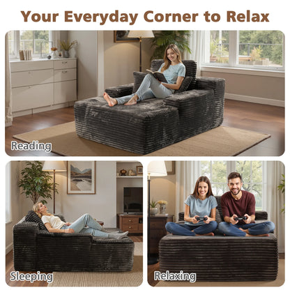 Ovios 67'' Oversized Chaise Lounge Chair Indoor Cloud Plush Corduroy Floor Sofa Bed Deep Seat No Assembly Couch for Living Room, Black