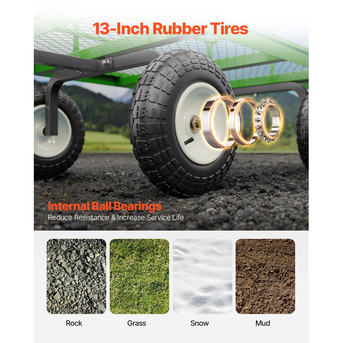 KFFKFF Mesh Steel Garden Cart 1200 Lbs, 43.3 x 29.5 " Heavy Duty Utility Wagon Cart, Pullable Metal Garden Trolley with 13' All Terrain Tires, Removable Mesh Sides, 180��Swiveling Handle (Green)