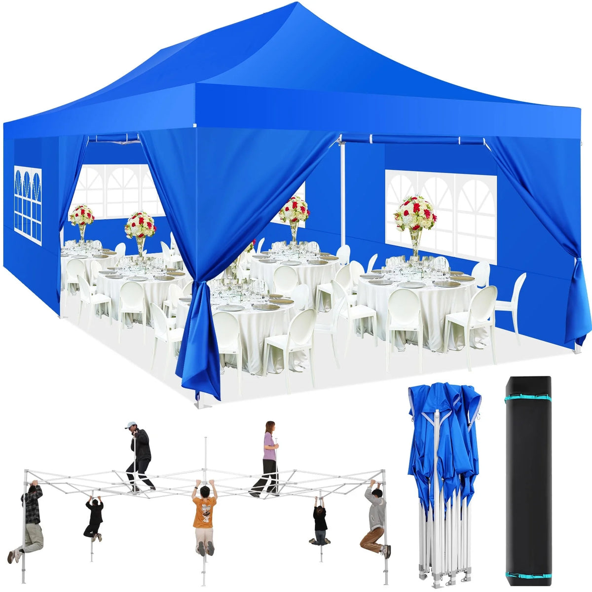 COBIZI 10x20 Heavy Duty Pop up Canopy Tent with 6 sidewalls Easy Up Commercial Outdoor Canopy Wedding Party Tent for Beach All Season Wind & Waterproof Gazebo with Roller Bag,Black(Frame Thickened)