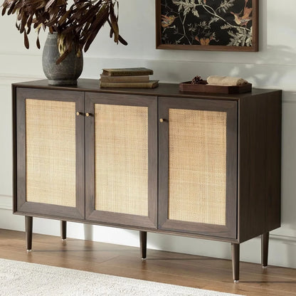 EYYTHUNG Farmhouse 3-Door Rattan Storage Cabinet, Solid Wood Entryway Buffet Sideboard