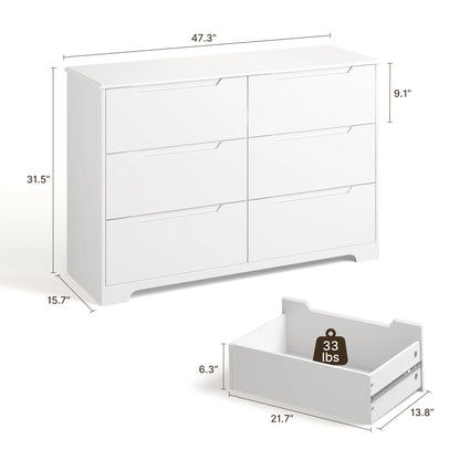 Dresser for Bedroom, Lofka 6 Drawer Double Dresser with Cutout Handles, Large Storage Capacity, Anti-Tip Safety, Modern Wood Chest of Drawers, Smooth Metal Rail, White