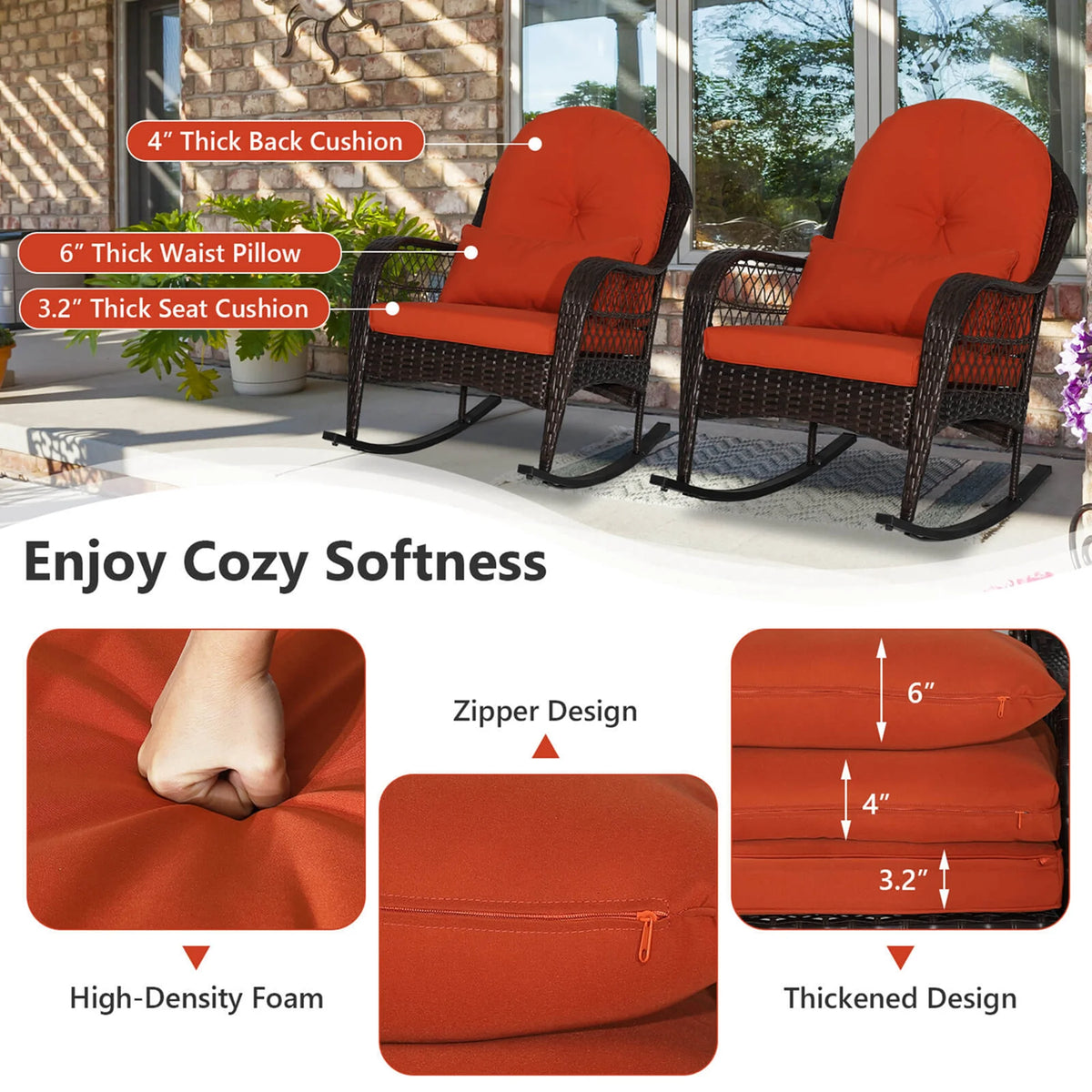 Costway Patio Wicker Rocking Chair W/Seat Back Cushions & Lumbar Pillow Porch Off White