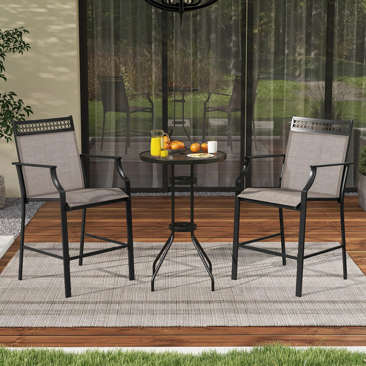 Costway Outdoor Counter Stools Set of 2 with Footrest & Armrests Metal Frame for Backyard Blue