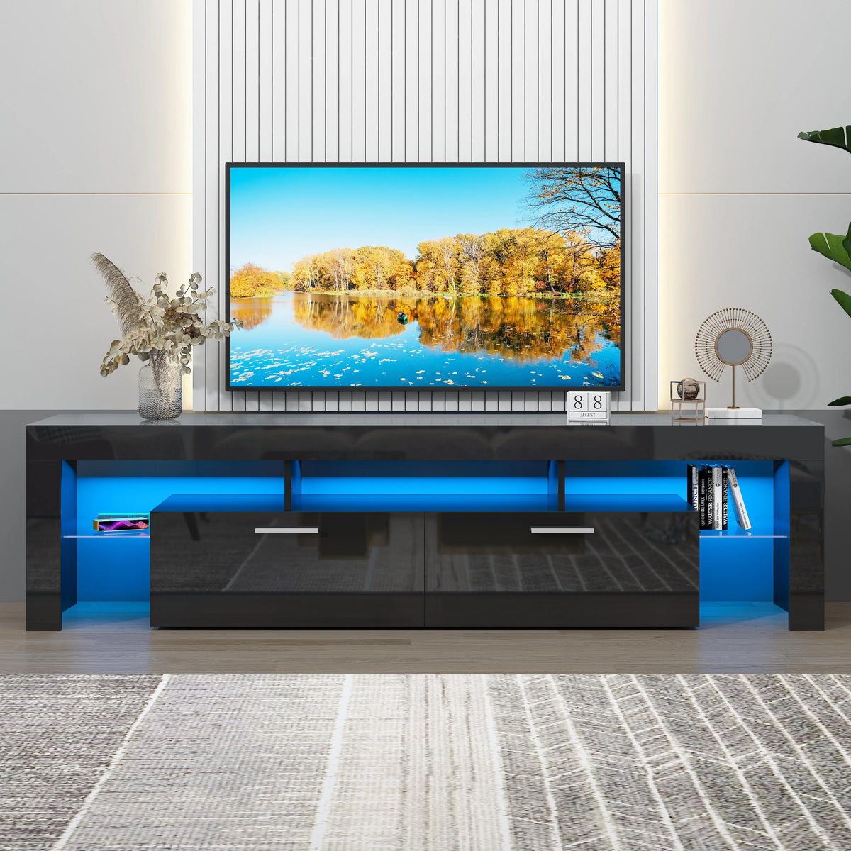 UHOMEPRO TV Stand for TV up to 70", Living Room Entertainment Center with RGB LED Lights and Storage Shelves Furniture, White High Gloss TV Cabinet Console Table