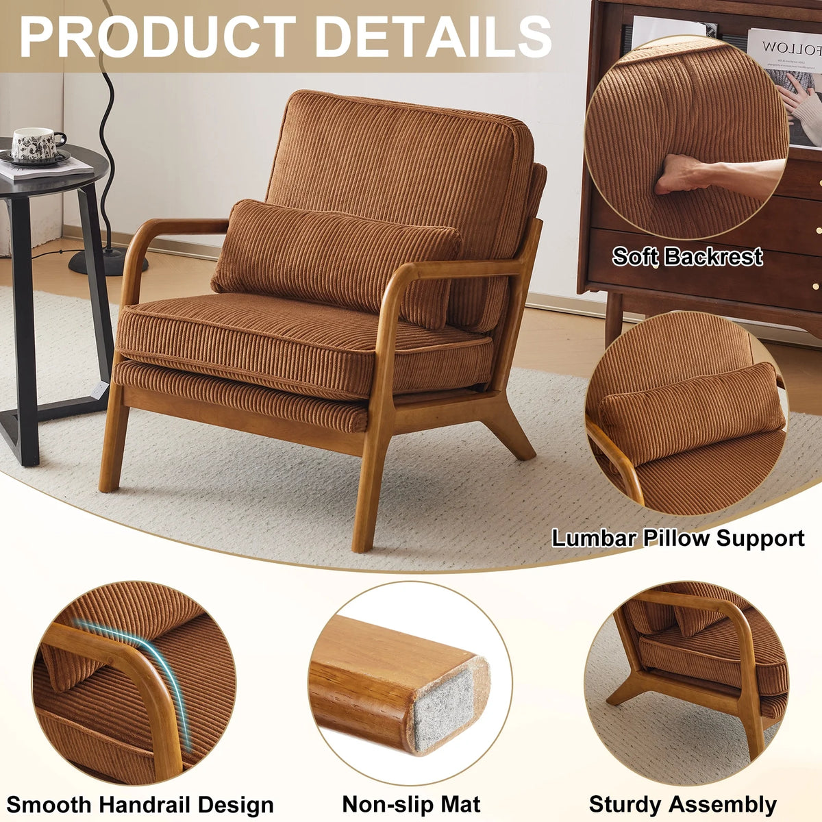 Ktaxon Accent Chair Corduroy Upholstered Armchair, Reading Club Chair with Pillow and Solid Wood Frame for Living Room Bedroom Furniture Off White
