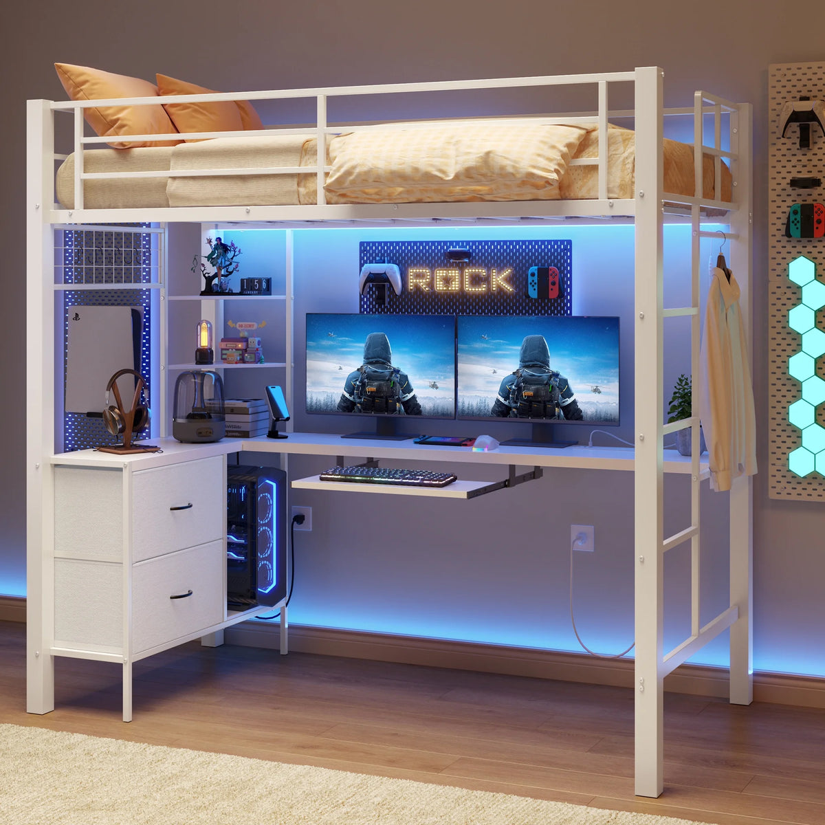 Lofka Twin Loft Bed with L-Shaped Desk, RGB Lights & Charging Station, 400lb Capacity Metal Frame, 3 Shelves & 2 Drawers, Easy Assembly��White