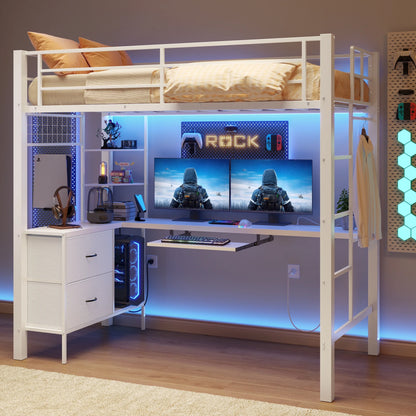 Lofka Twin Loft Bed with L-Shaped Desk, RGB Lights & Charging Station, 400lb Capacity Metal Frame, 3 Shelves & 2 Drawers, Easy Assembly��White