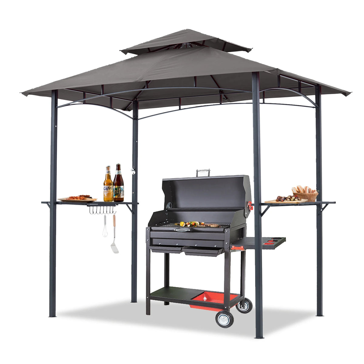 ABCCANOPY 8'x 5' Grill Gazebo Shelter, Double Tier Outdoor BBQ Gazebo Canopy with LED Light(Brown)