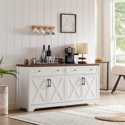 TrumanPick 61"H Large Buffet Sideboard Cabinet, TV Cabinet, Kitchen Pantry for Dining Room, Living Room, 61.3''L x 15''W x 29.8''H, White/Walnut