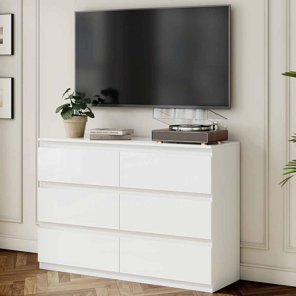 Selooye White Wood Dresser, 6 Drawer Dresser for Clothes Storage,Bedroom, Modern White Dresser with Wide Drawers, Wide Wooden Chest Drawers for Living Room, Entryway, TV Stand
