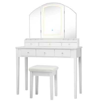 Costway Vanity Table Stool Set Large Tri-folding Lighted Mirror 6 Drawer Dresser White