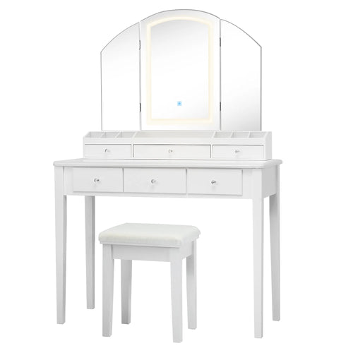 Costway Vanity Table Stool Set Large Tri-folding Lighted Mirror 6 Drawer Dresser White