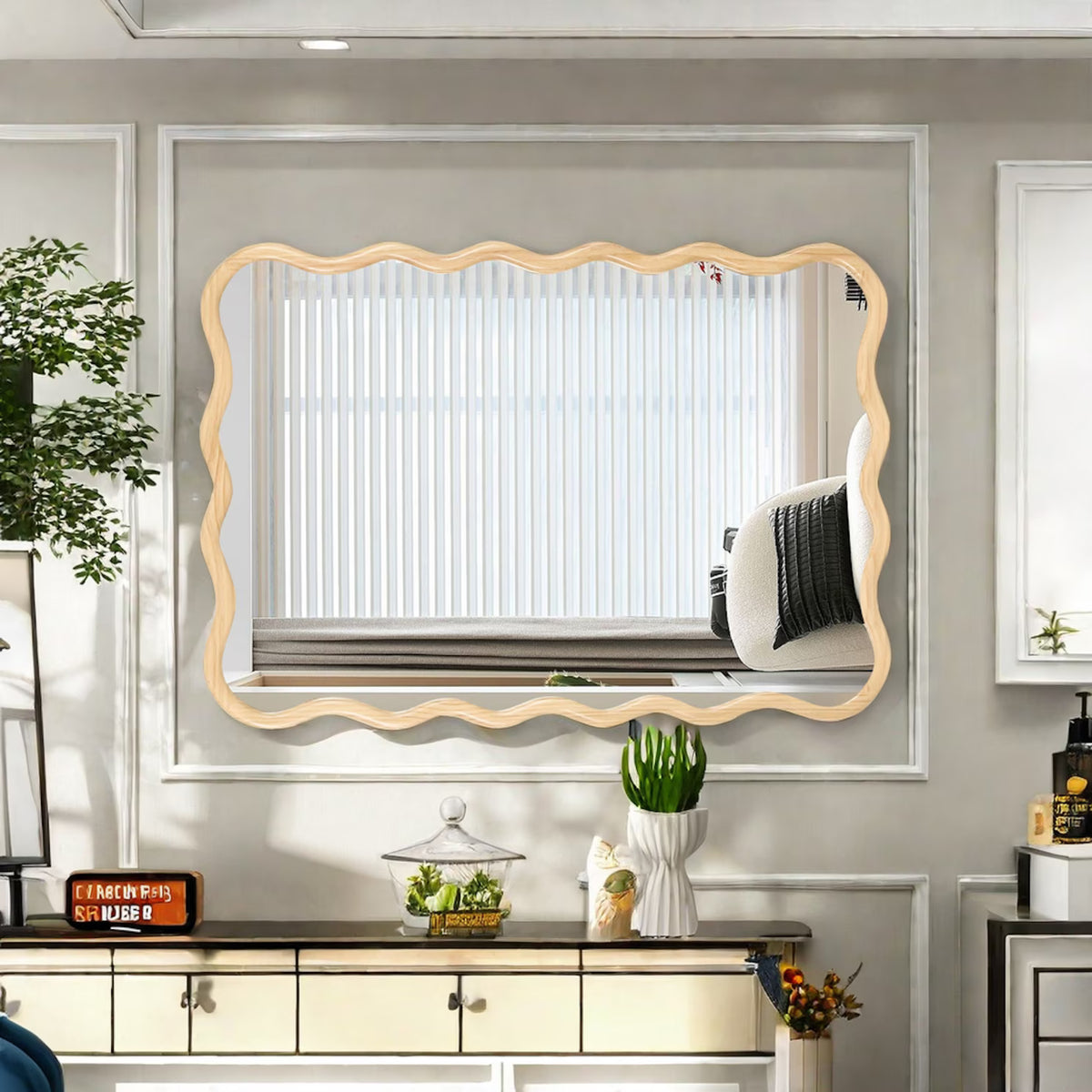 Solid Wood Wavy Frame Modern Mirror - 40x28 Inches Durable Farmhouse Wall Decor for Bathroom, Living Room & Entryway with Easy Install