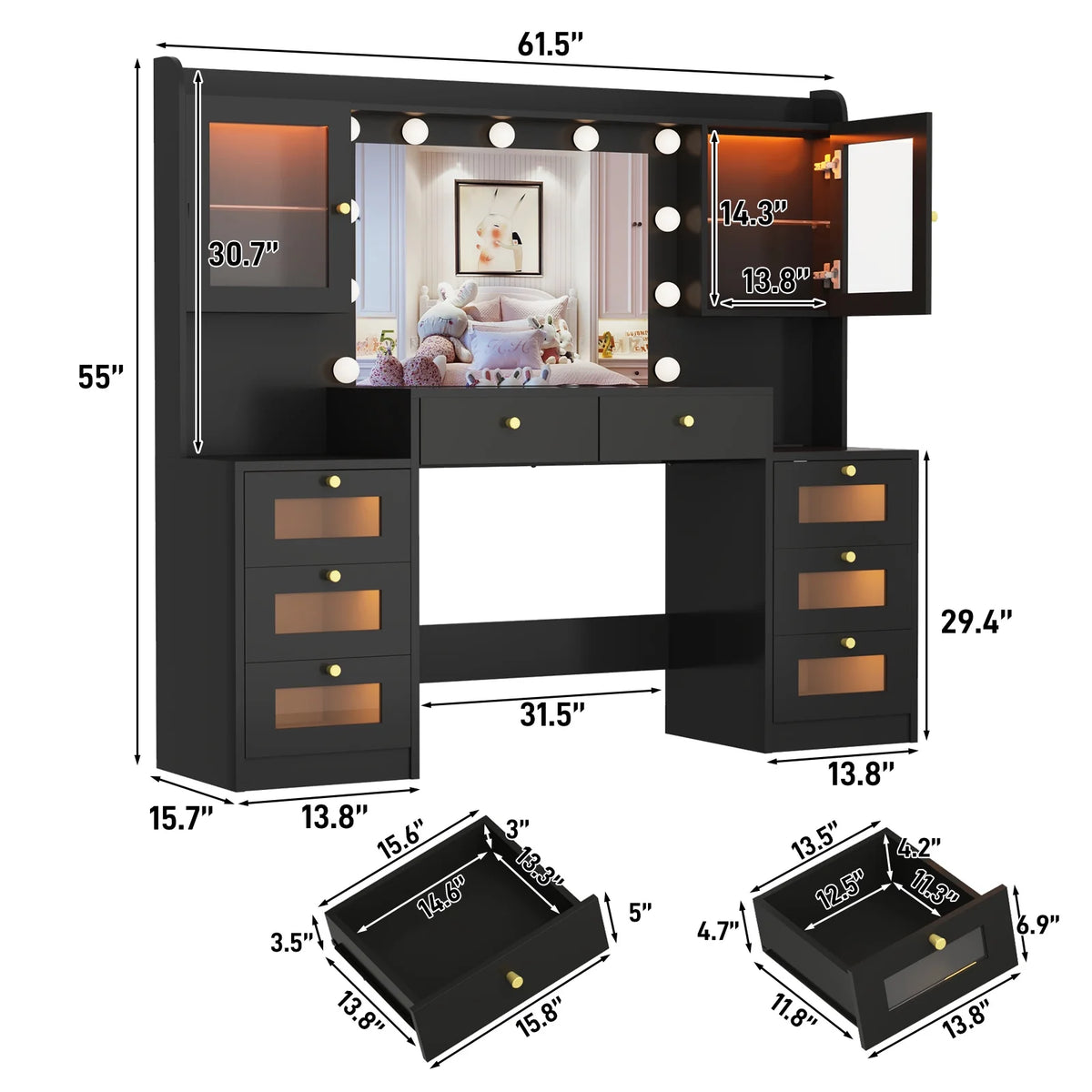 ChVans 62'' Large Vanity Desk with Tempered Glass Top, 11 LED Bulbs, Charging Station, Bedroom Makeup Vanity with 3 Lights Mode LED Mirror, 6 Translucent Drawers, 2 RGB cabinets for Women, Girls Gift