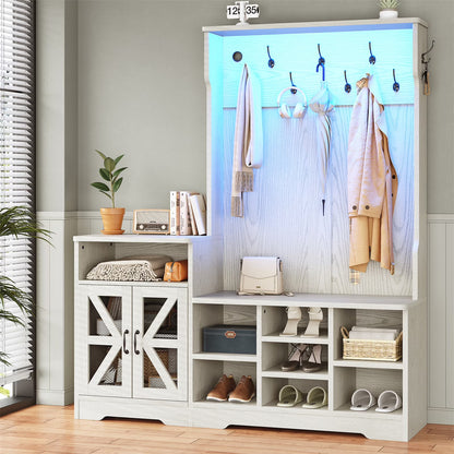 Farmhouse Wood Hall Tree with Shoe Bench and Console Table, LED 4-in-1 Coat Rack with 8 Hooks and 7 Adjustable Shoe Cubbies, Multifunctional Entryway Storage Organizer with Cabinet, Vintage White