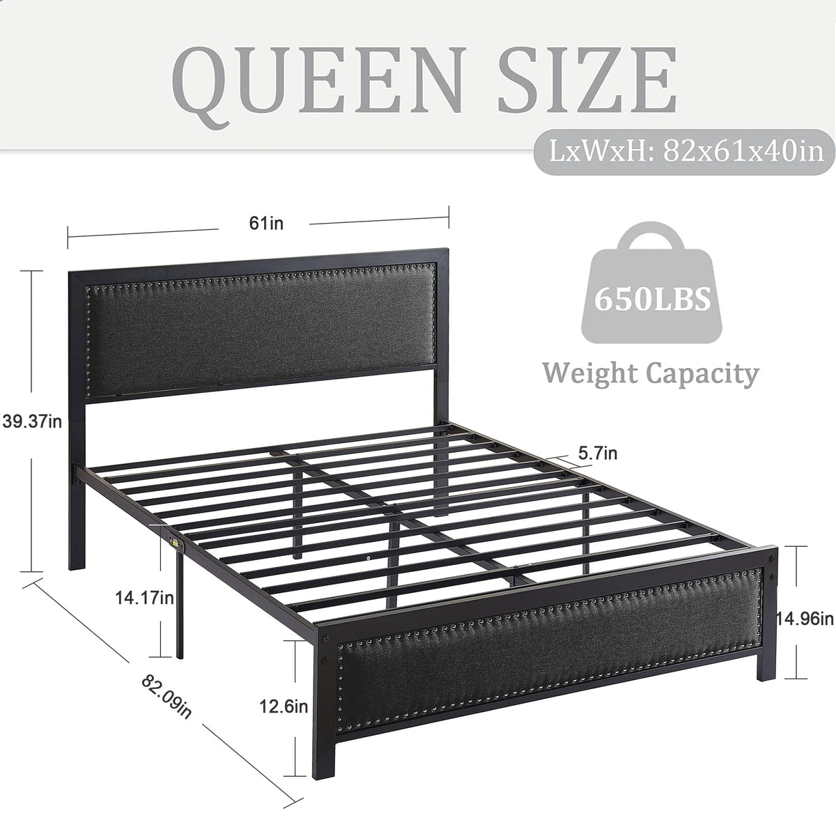 VECELO Queen Size Bed Frame Metal Platform Bed with Upholstered Headboard, No Box Spring Needed, Black