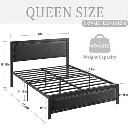 VECELO Queen Size Bed Frame Metal Platform Bed with Upholstered Headboard, No Box Spring Needed, Black