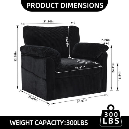 FFH 33" Oversized Swivel Accent Chair,Armchair with Side Pocket,Upholstered Corduroy Lounge Chaise Chair,Barrel Chairs,Comfy Single Sofa Chair for Living Room Reading Bedroom Office,Black