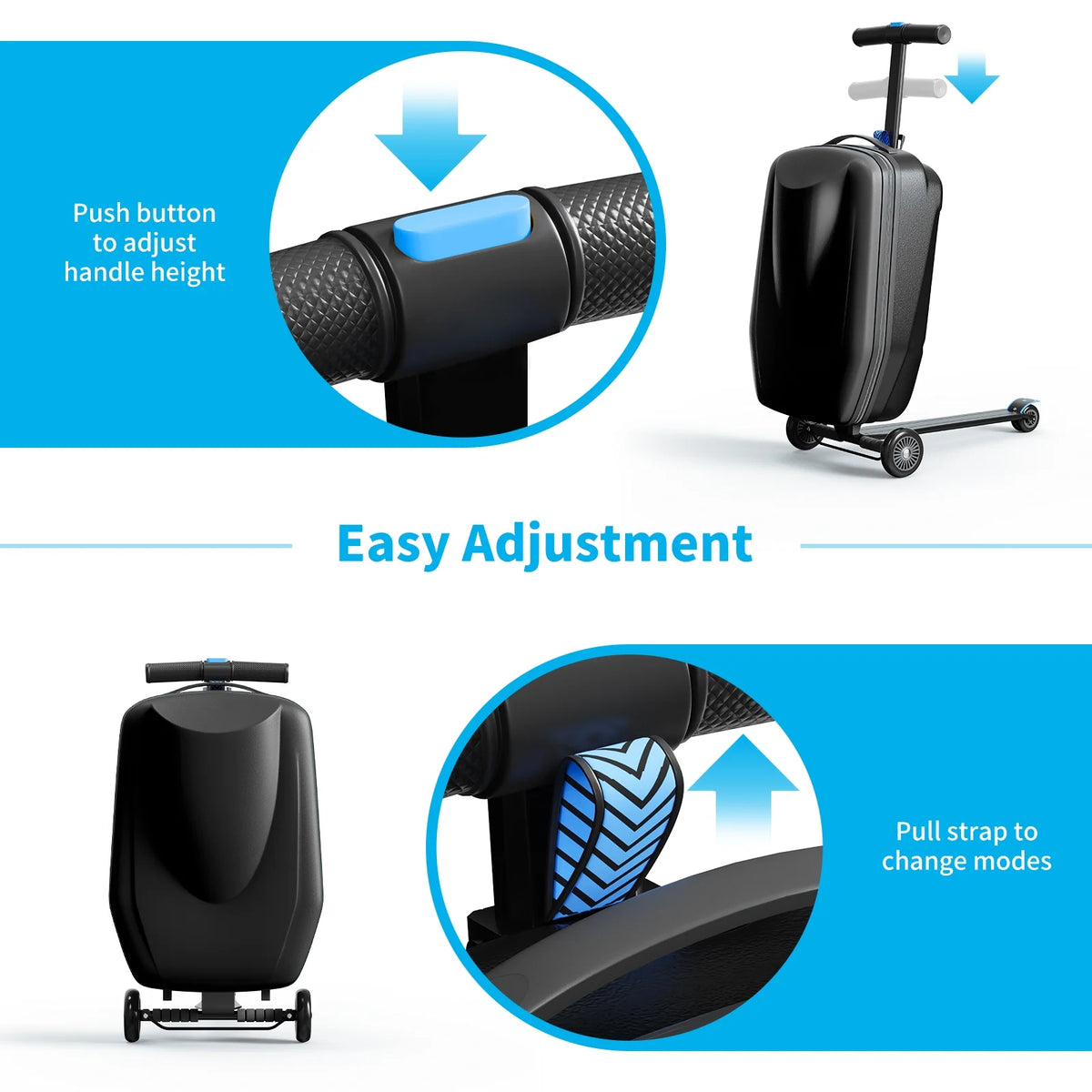 TABU Scooter Luggage for Kids & Adults, Carry on Luggage with Wheels for Kids Ages 6-15,Blue
