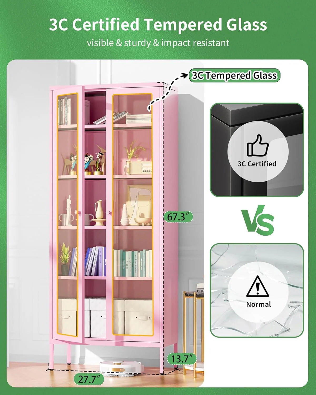 SUNCROWN Metal Storage Cabinet, Curio Display Cabinet with 2 Glass Display Door and 4 Shelves, Side Storage Organize, Modern Bookshelf Cabinet for livingroom, Bedroom, Kitchen, Black
