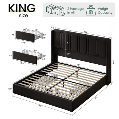 LARMACE King Size Upholstered Bed Frame with 4 Storage Drawers and Vertical Channel Tufted Headboard Linen Platform Bed Frame Wingback Beds with Wooden Slats Support, Beige