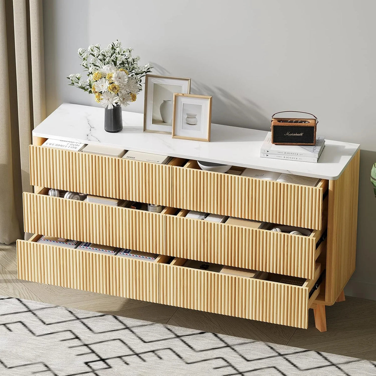 Selooye Fluted 5 Drawers Dresser, 47" Tall Modern Chest of Drawers with Faux Marble Top, Curved Profile Design, Wood Drawer Organizer for Bedroom, Living Room, Hallway, Entryway, Natural Oak