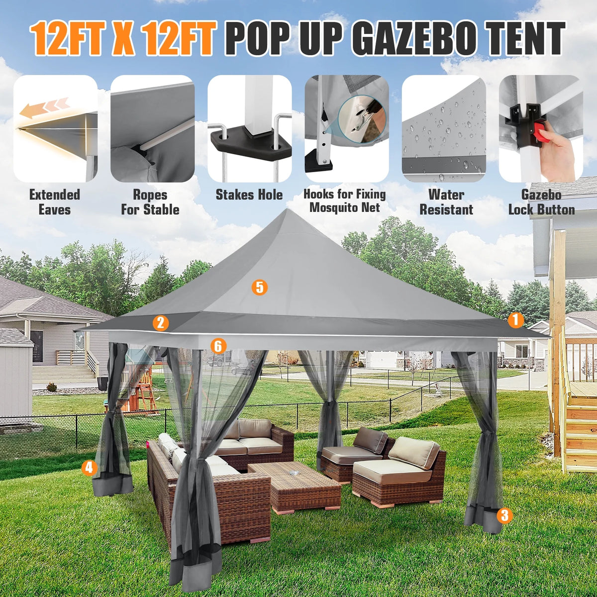HOTEEL 12x12 EZ Pop Up Gazebo Tent with Sidewalls,Patio Gazebo Instant Shelter for Outdoor Party Camping Backyard Beach with Carry Bag,Stakes,Ropes,Gray