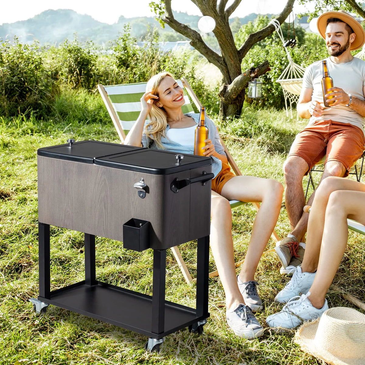 BNSPLY 80 Quart Outdoor Cooler Cart Rolling Ice Chest Cooler Cart, Portable Patio Cooler with Bottle Opener, Handles and Drainage, Standing Cooler for Patio Party, Camping and BBQ, Mint Green