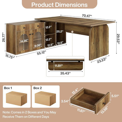 Tribesigns L Shaped Desk, 71-Inch Executive Office Desk with File Cabinet, Farmhouse Large Computer Desk with Drawers, Rustic Brown