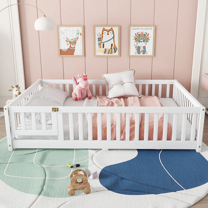 Bellemave Full Size Floor Bed with Door and Fence Floor Bed with Bed Slats Sturdy Wood Floor Bed Montessori Bed Frame (Full, Pink)