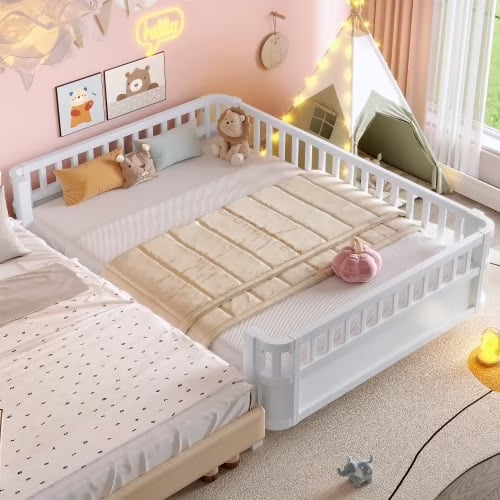 Bellemave Full Size Bed Frame, Full Montessori Bed with Safety Guardrails and Detachable Fence, Wood Full Daybed Frame, Low Profile & Rounded Corners Design, Natural