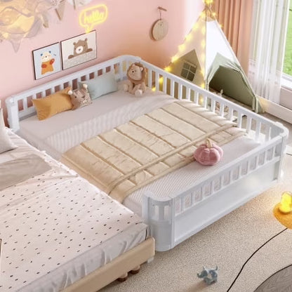 Bellemave Full Size Bed Frame, Full Montessori Bed with Safety Guardrails and Detachable Fence, Wood Full Daybed Frame, Low Profile & Rounded Corners Design, Natural