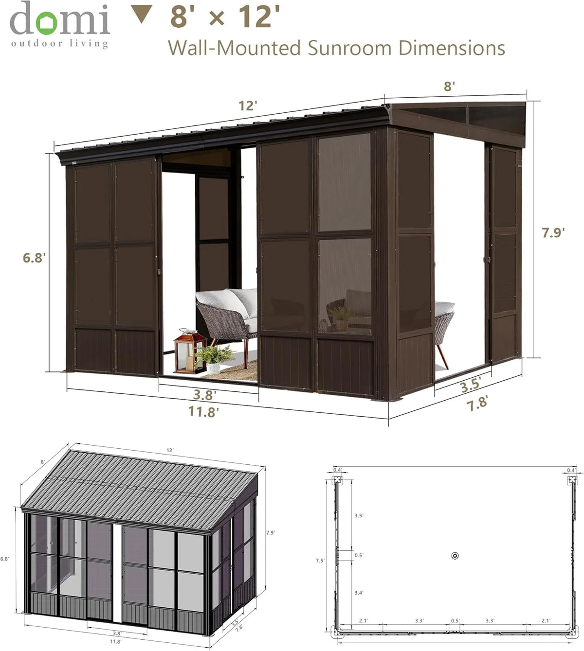 TOTAL Outdoor 10'x12' All-Season Sunroom Gazebo with Steel Roof, PVC Screen, Front & Side Door, Brown