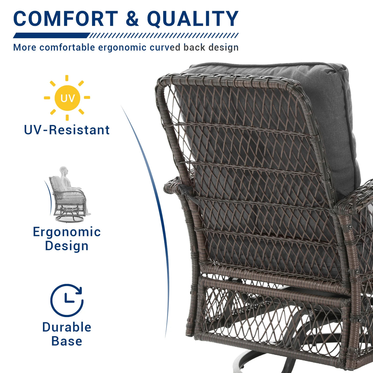 MRUAKA 3 Pieces Patio Furniture Set, Outdoor Swivel Gliders Rocker, Wicker Patio Bistro Set with Rattan Rocking Chair, Glass Top Side Table and Thickened Cushions (Khaki)