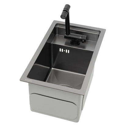 Modern Drop in Bar Sink, Single Bowl Kitchen Sink with Foldable Faucet, Black Nano 304 Stainless Steel Utility Sink for Compact Kitchen Commercial Hotel RV Laundry