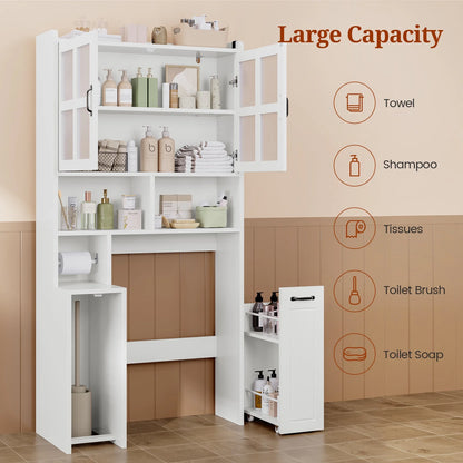 Frhnenha Over The Toilet Storage Cabinet with Pulley, Bathroom Storage Cabinet, with Adjustable Shelf and Open Shelf for Bathroom, Restroom, Laundry, White