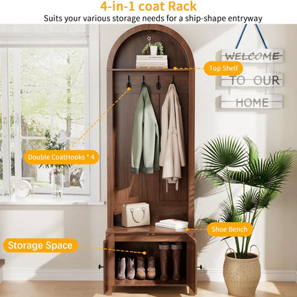LUCKYELF Hall Tree with Shoe Storage, Entryway Bench with 4 Hooks and 2 Doors, Arch Coat Rack Cabinet for Hallway