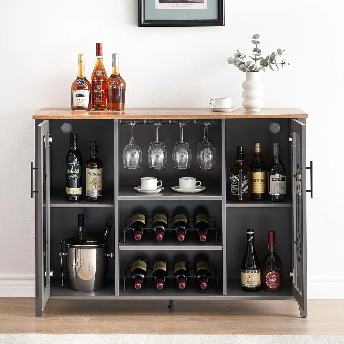 FOLDLIFE Wine Bar Cabinet with LED Lights, Liquor Cabinet Bar with Storage Cabinet, Coffee Cabinet with Bottles and Glass Rack, Buffet Sideboard with Storage Cabinet&Drawers,Dark Grey