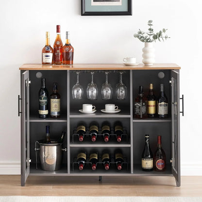 FOLDLIFE Wine Bar Cabinet with LED Lights, Liquor Cabinet Bar with Storage Cabinet, Coffee Cabinet with Bottles and Glass Rack, Buffet Sideboard with Storage Cabinet&Drawers,Dark Grey