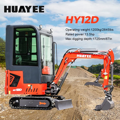 HUAYEE 1.4 Ton Cab Version Mini Excavator - HY12D, with 13.5 HP B&S Gasoline Engine, Swing Function, Mechanical Thumb Clamp, Mechanical Quick - Change, Hydraulic cooler, Electric Fan, In-stock in US