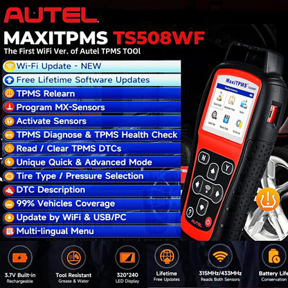 Autel MaxiTPMS TS508WF TPMS Relearn Tool Upgrade of TS508 TS408 TPMS Tool Activate/Relearn All Sensors Program Autel Sensors TPMS Reset/Diagnosis Read/Clear TPMS Code Free Lifetime Update