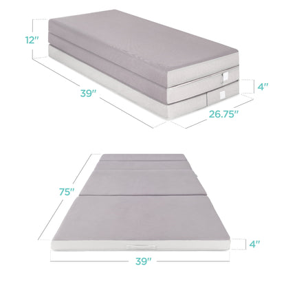 Best Choice Products 4in Thick Folding Portable Twin Tri-Fold Mattress w/ Carry Case, Washable Cover - Gray