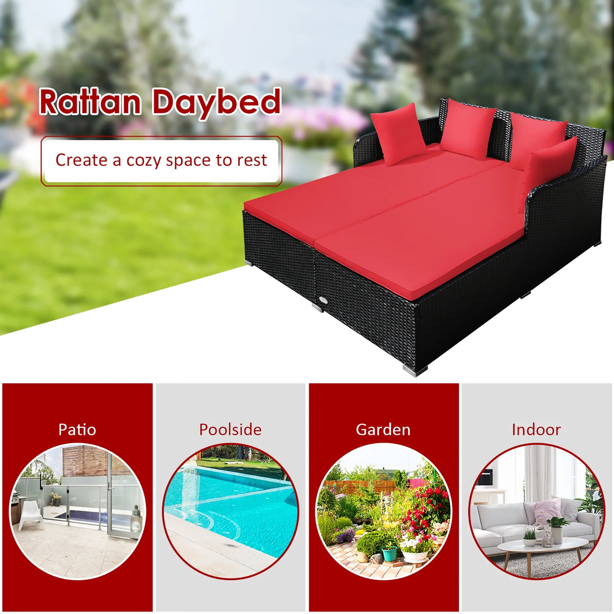 Costway Outdoor Patio Rattan Daybed Pillows Cushioned Sofa Furniture Beige