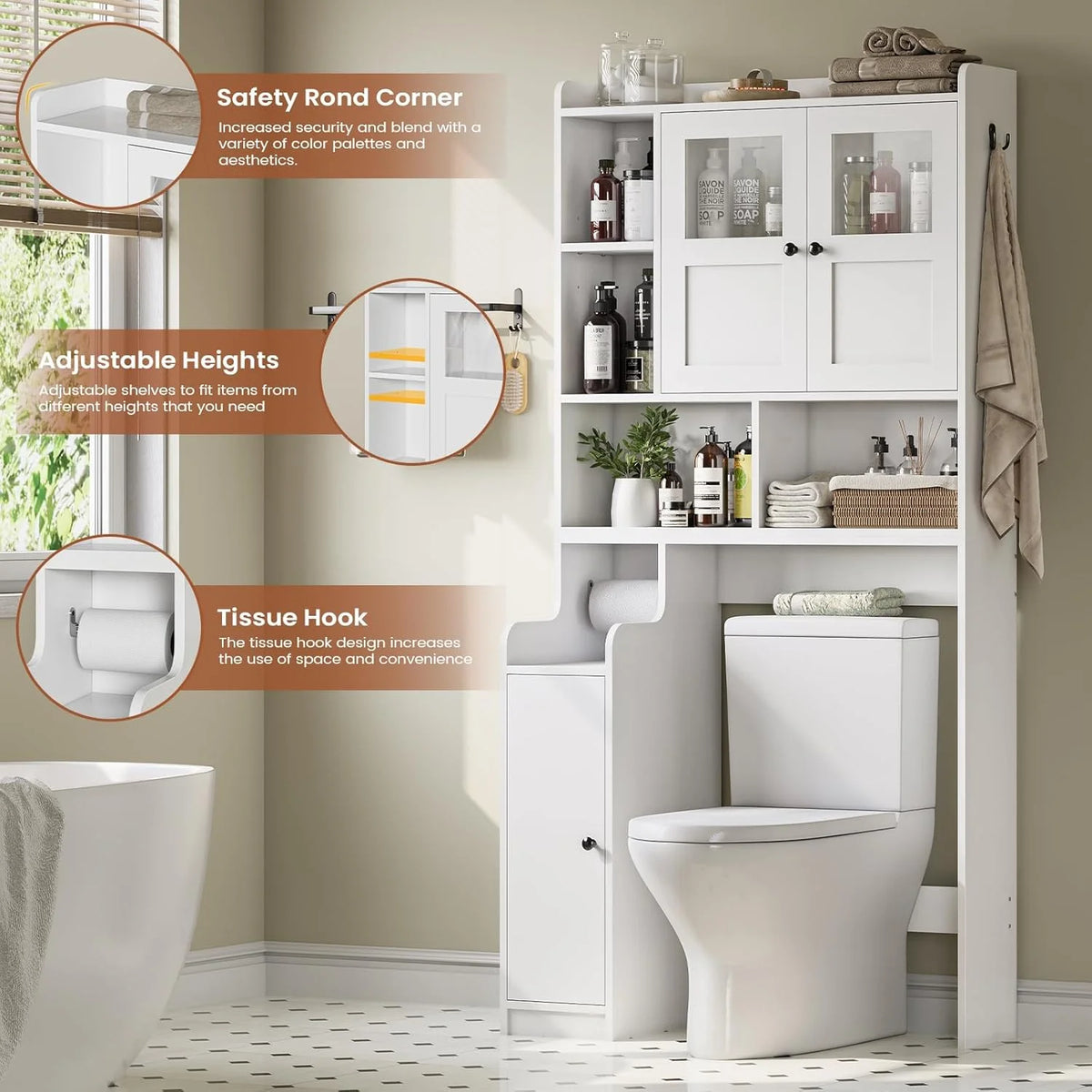 Over The Toilet Storage Cabinet with 3 Doors, Farmhouse Space Saver for Bathroom Organizer with Paper Holder, 10 Shelves and Hooks, 7-Tier Over Washing Machine Cabinet for Laundry, Bathroom, Natural