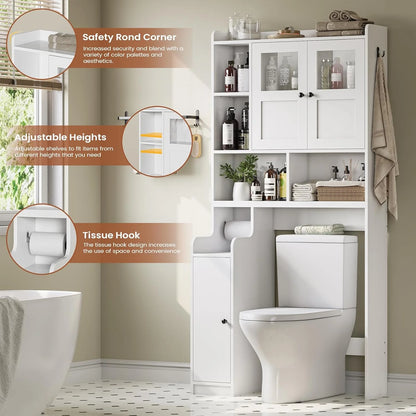 Over The Toilet Storage Cabinet with 3 Doors, Farmhouse Space Saver for Bathroom Organizer with Paper Holder, 10 Shelves and Hooks, 7-Tier Over Washing Machine Cabinet for Laundry, Bathroom, Natural