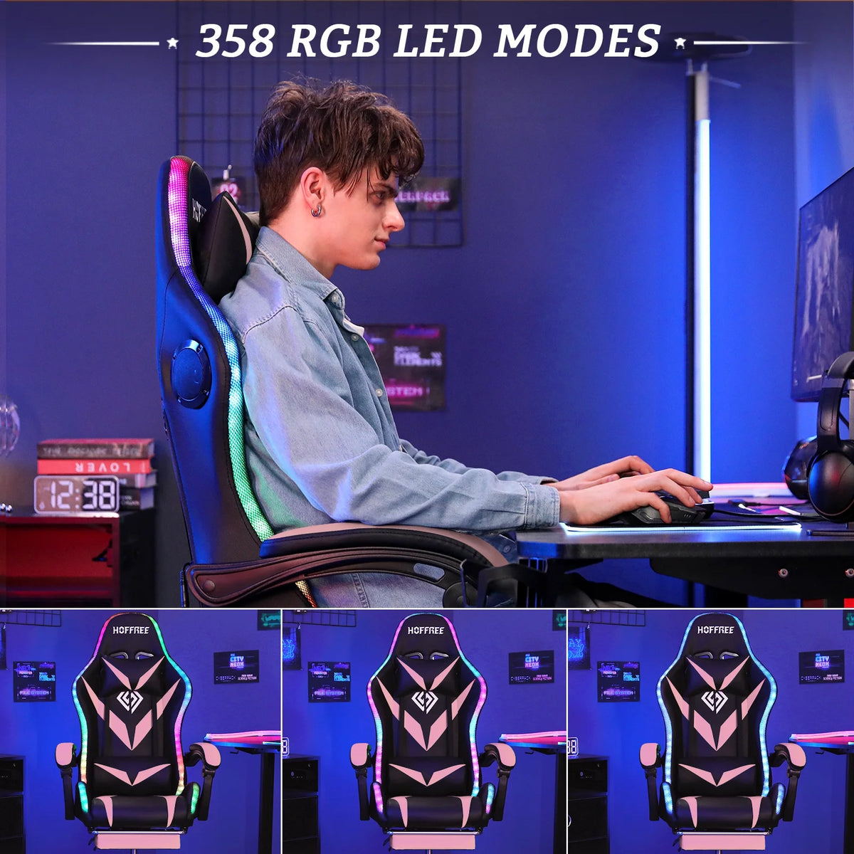 Hoffree Gaming Chair with Speakers PU Leather Office Chair with Footrest and LED Lights Ergonomic Gamer Chair with Massage Lumbar Support and Headrest Adjustable Swivel for Home Office 300lb